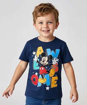 Babyhug Disney Single Jersey Knit Half Sleeves T-Shirt with Mickey Mouse Graphic - Navy Blue