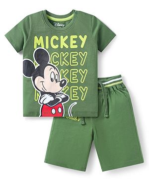 Babyhug Disney Single Jersey Knit Half Sleeves T-Shirt & Shorts with Mickey Mouse Graphics - Green