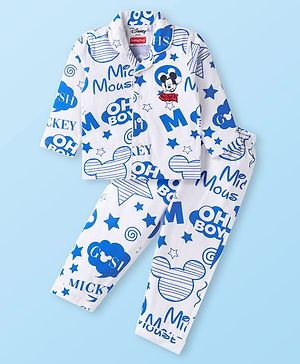Babyhug Disney Single Jersey Knit Full Sleeves  Front Open Night Suit with Mikcey Mouse Graphic - White & Blue