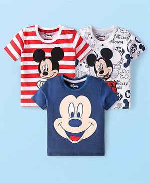 Babyhug Disney Single Jersey Knit Half Sleeves T-Shirts with Mickey Mouse Graphics & Stripes Pack of 3 - Navy Blue & White