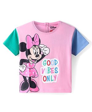 Babyhug Disney Single Jersey Knit Drop Shoulder Half Sleeves T-Shirt With Minnie Mouse Graphic - Pink Blue & Green