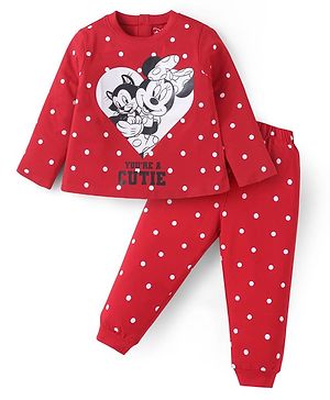 Babyhug Disney Single Jersey Knit Full Sleeves Night Suit With Minnie Mouse Graphics - Red