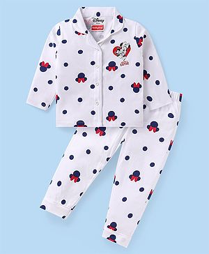 Babyhug Disney Single Jersey Knit Full Sleeves Co-ords Front Open Night Suit with Minnie Mouse Graphics - White