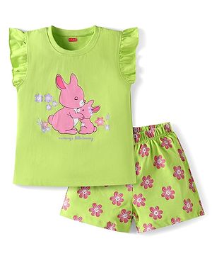 Babyhug Cotton Knit Frill Sleeves Night Suit with Bunny Print - Green
