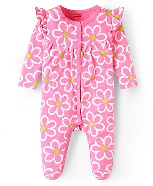 Babyhug Cotton Knit Full Sleeves Footed Sleep Suit with Floral Print & Frill Detailing - Pink