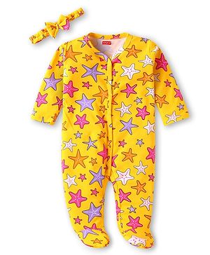 Babyhug Cotton Knit Full Sleeves Footed Sleep Suit & Head Band With Star Print - Yellow