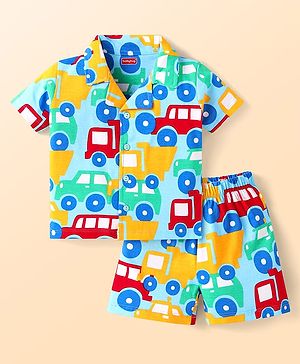 Babyhug Cotton Knit Half Sleeves Shorts Night Suit With Car Print - Light Blue