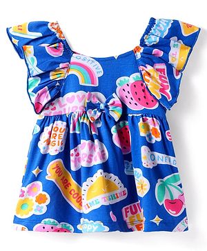 Babyhug Single Jersey Knit Frill Sleeves Frock With Text Print - Blue