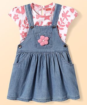 Babyhug Cotton Knit Frock with Half Sleeves Innner T- Shirts With Flower Applique - Pink