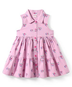 Babyhug Single Jersey Knit Sleeveless Front Open Frock With Floral Print - Lilac