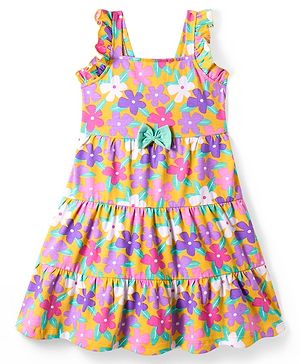 Babyhug Single Jersey Knit Frill Sleeves Frock with Floral Print - Pink Purple & Mustard