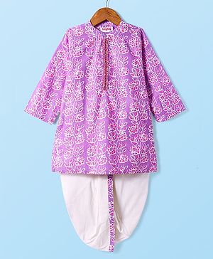 Babyhug Cotton Woven Full Sleeves Dhoti Kurta Set with Floral Print - Plum
