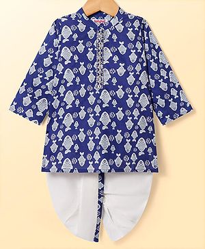 Babyhug Cotton Woven Full Sleeves Kurta Dhoti Set With Fish Print - Navy Blue