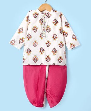 Babyhug Cotton Woven Full Sleeves  Dhoti Kurta Set With Floral Print -  White
