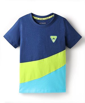 Pine Kids Cotton Knit Half Sleeves Cut & Sew T-Shirt with Patch Detailing - Navy Blue