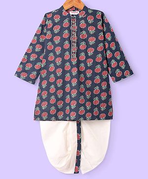 Babyhug Cotton Woven Full Sleeves Kurta Dhoti Set With Floral Print - Navy Blue