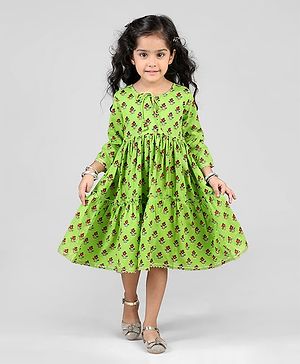 Babyhug Cotton Woven Three Fourth Sleeves Ethnic Dress With Floral Print - Light Green