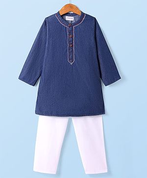 Babyhug Cotton Woven Full Sleeves Solid Color Kurta Pyjama Set - Navy Blue