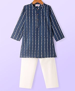 Babyhug Cotton Woven Full Sleeves Printed Kurta Pyjama Set - Navy Blue