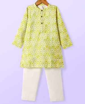 Babyhug Cotton Woven Full Sleeves Kurta & Pyjama Set With Hexagon Print- Green