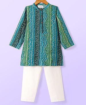 Babyhug Cotton Woven Full Sleeves Kurta & Pyjama Set With Bandhani & Foil Print- Dark Green