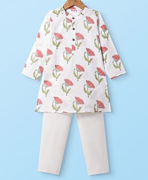 Babyhug Cotton Woven Full Sleeves Kurta Pyjama Set With Floral Print - White