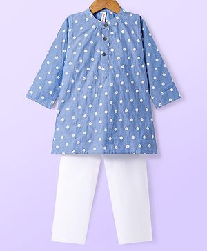 Babyhug Cotton Woven Full Sleeves Kurta & Pyjama Set With Floral Embroidery - Blue