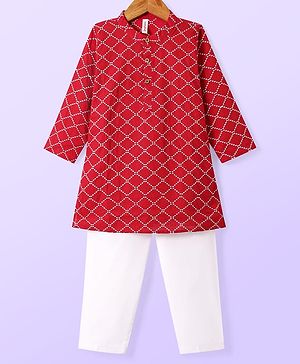 Babyhug Cotton Woven Full Sleeves Kurta & Pyjama Set With Square Embroidery - Red