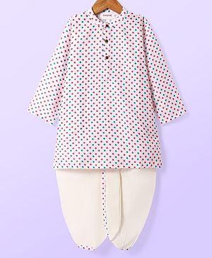 Babyhug Cambric Full Sleeves Kurta Dhoti Set With Square Print - White