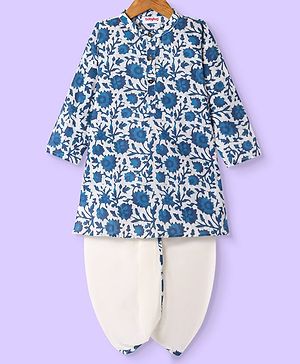 Babyhug Cotton Woven Full Sleeves Kurta Dhoti Set With Floral Print - White