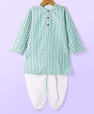 Babyhug Cambric Full Sleeves Kurta Dhoti Set With Leaf Print - Green