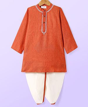 Babyhug Cotton Woven Full Sleeves Kurta Dhoti Set With Embroidery - Orange