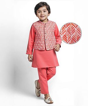 Babyhug Cotton Woven Full Sleeves Solid Kurta Pyjama Set with Leaf Printed Jacket - Coral