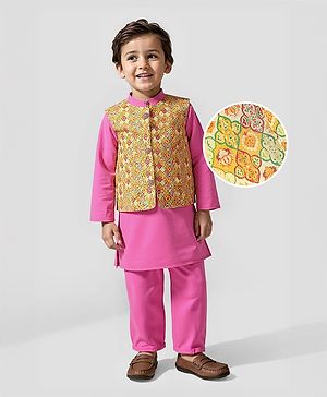 Babyhug Cotton Woven Full Sleeves Kurta & Pyjama Set With Printed Waistcoat  - Fuschia