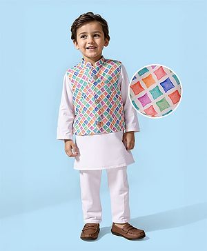 Babyhug Cotton Woven Full Sleeves Kurta Pajama Set with Nehru Jacket  and Geometric Print - White & Blue