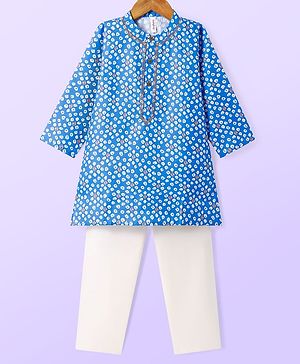 Babyhug Cotton Woven Full Sleeves Kurta & Pyjama Set With Bandhani Print with Embroidery - Blue