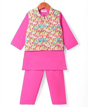 Babyhug Cotton Woven Full Sleeves Solid Kurta Pyjama Set with Printed Jacket - Pink