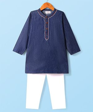 Babyhug Cotton Woven Full Sleeves Solid  Kurta Pyjama Set With Neck Embroidery  - Navy Blue