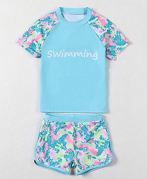 Pine Active Half Sleeves Printed Two Piece Swimsuit - Blue