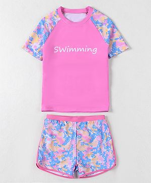 Pine Active Half Sleeves Printed Two Piece Swimsuit - Pink