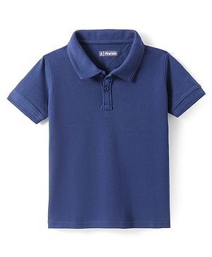 Pine Kids Cotton Knit Half Sleeves Solid Color Polo T-Shirt - Navy Blue