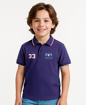 Pine Kids Cotton Knit Half Sleeves Polo T-Shirt with Text Print - Navy Blue