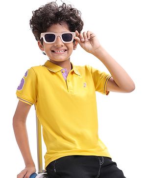 Pine Kids Cotton Knit Half Sleeves Polo T-Shirt with Text Print - Mustard Yellow
