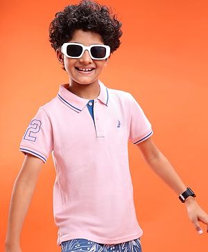 Pine Kids Cotton Knit Half Sleeves Polo T-Shirt with Number Embroidery - Light Pink