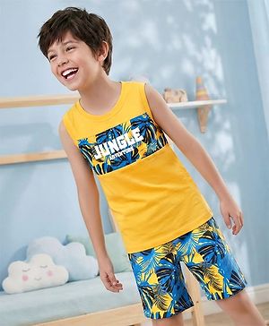 Pine Kids Single Jersey Knit Sleeveless Shorts Night Suit With Leaf Print - Yellow & Blue