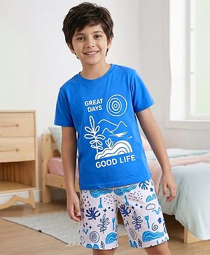 Pine Kids Single Jersey Knit Half Sleeves Shorts Night Suit with Text Print - Blue