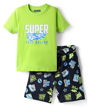 Pine Kids Single Jersey Knit Half Sleeves Shorts Night Suit with Super Racer Text Print - Limegreen