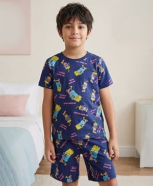 Pine Kids Single Jersey Knit Half Sleeves Shorts Night Suit With Snacks Print - Navy Blue