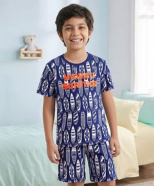 Pine Kids Single Jersey Knit Half Sleeves Shorts Night Suit With Surfing Print - Navy Blue