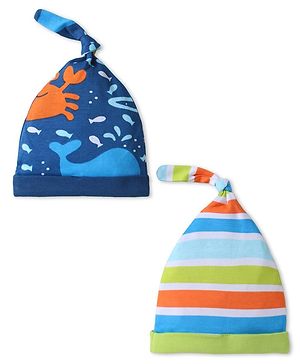Babyhug Interlock Knit Caps With Sea Animals Print Pack of 2 - Navy Blue & Green